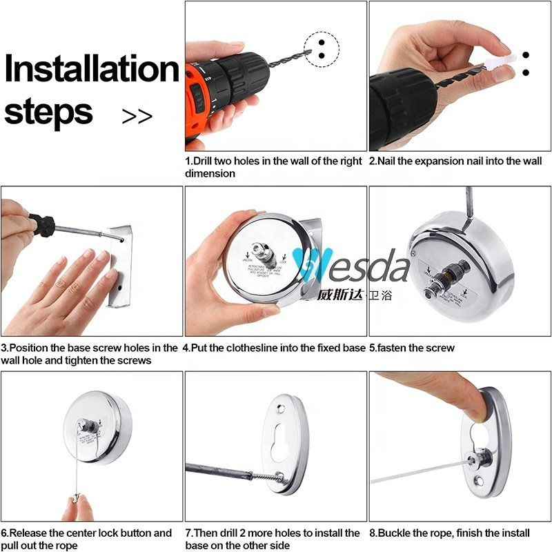 WESDA Wholesale Heavy Duty Modern Design Wall Mount Stainless Steel Clothesline Retractable Hotel Clothesline