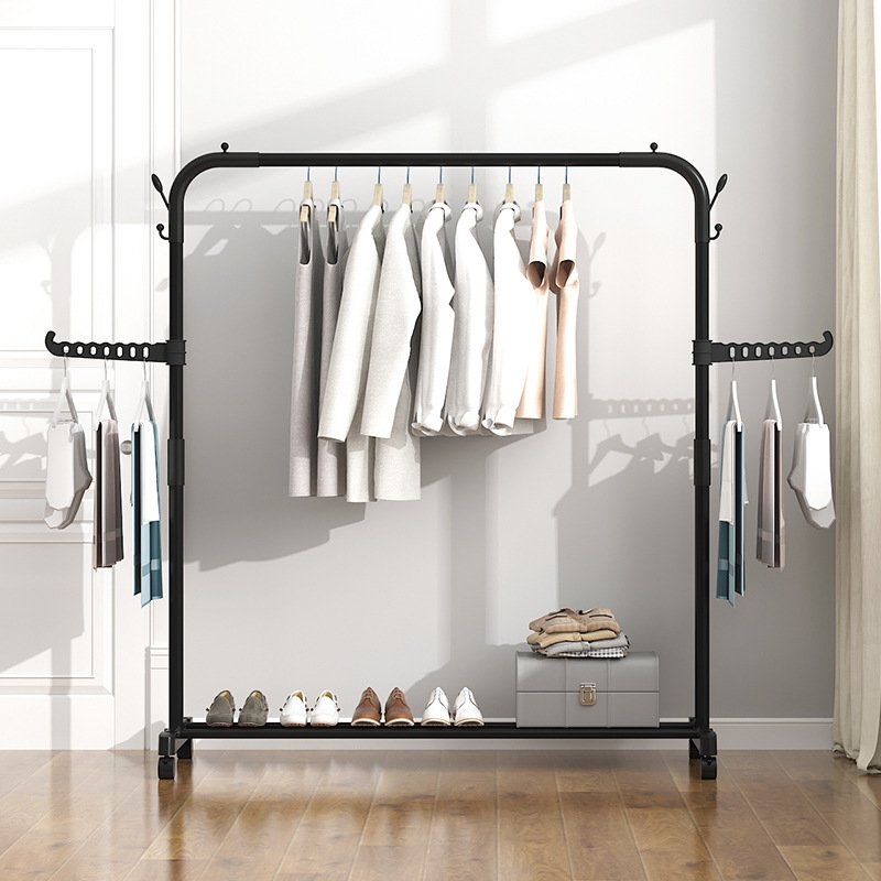 Simple Telescopic Indoor Mobile Clothes Rack Floor-standing Home Use Bedroom Living Room Balcony Dryer Household Storage Rack