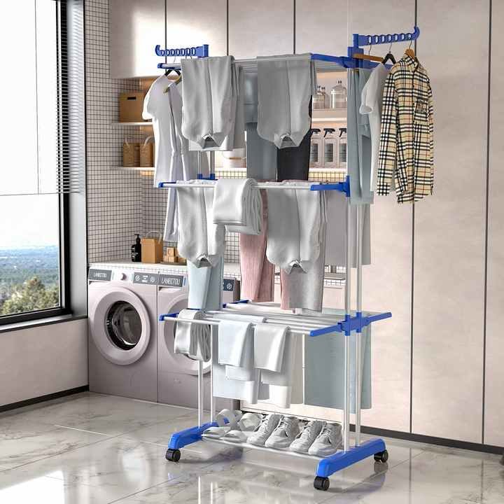 Factory Price Three Layers Drying Rack Iron Tube Outdoor Foldable Clothes Drying Rack With Wheels