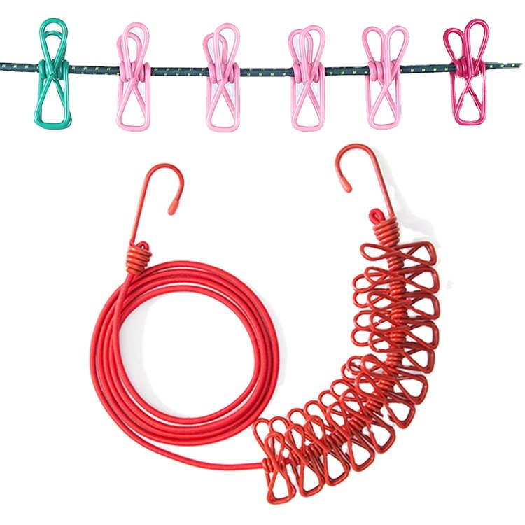 Wholesale colorful elastic clothesline Creative portable Outdoor Clothesline Household 12 clips windproof drying rope