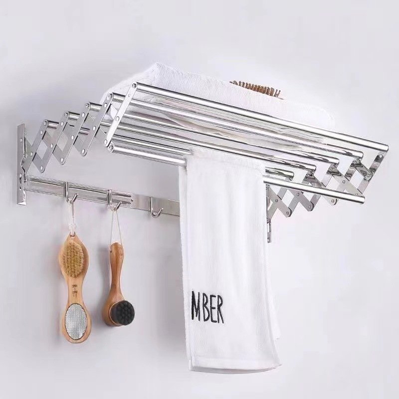 Folding Stainless Steel Clothesline Wall Mounted Bathroom Towel Rack Set Retractable Laundry Hanging Racks