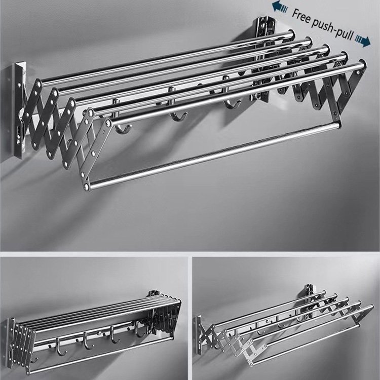 Folding Stainless Steel Clothesline Wall Mounted Bathroom Towel Rack Set Retractable Laundry Hanging Racks