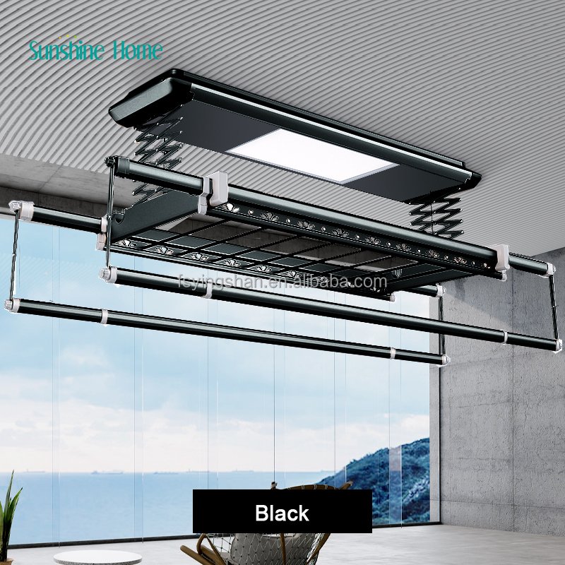 Wall Mounted Retractable Clothesline Automatic Clothes Rack Ceiling Mounted Laundry Rack Black Skirt Aluminum 4 Way Clothes Rack
