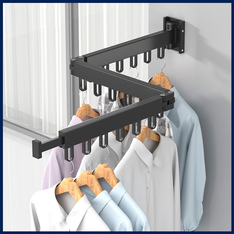 Aluminum Folding Clothes Hanger Wall-Mount Retractable Cloth Drying Rack Space Saving Home Laundry Extension Clothes Drying Rack