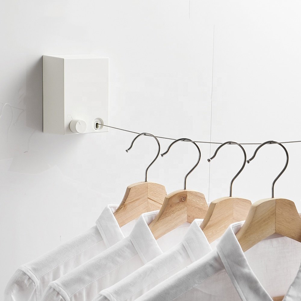 Clothes Drying Laundry Line 4.2m Wire Retractable Rope Balcony Shrinkable Indoor Outdoor Clothesline Wall White Black