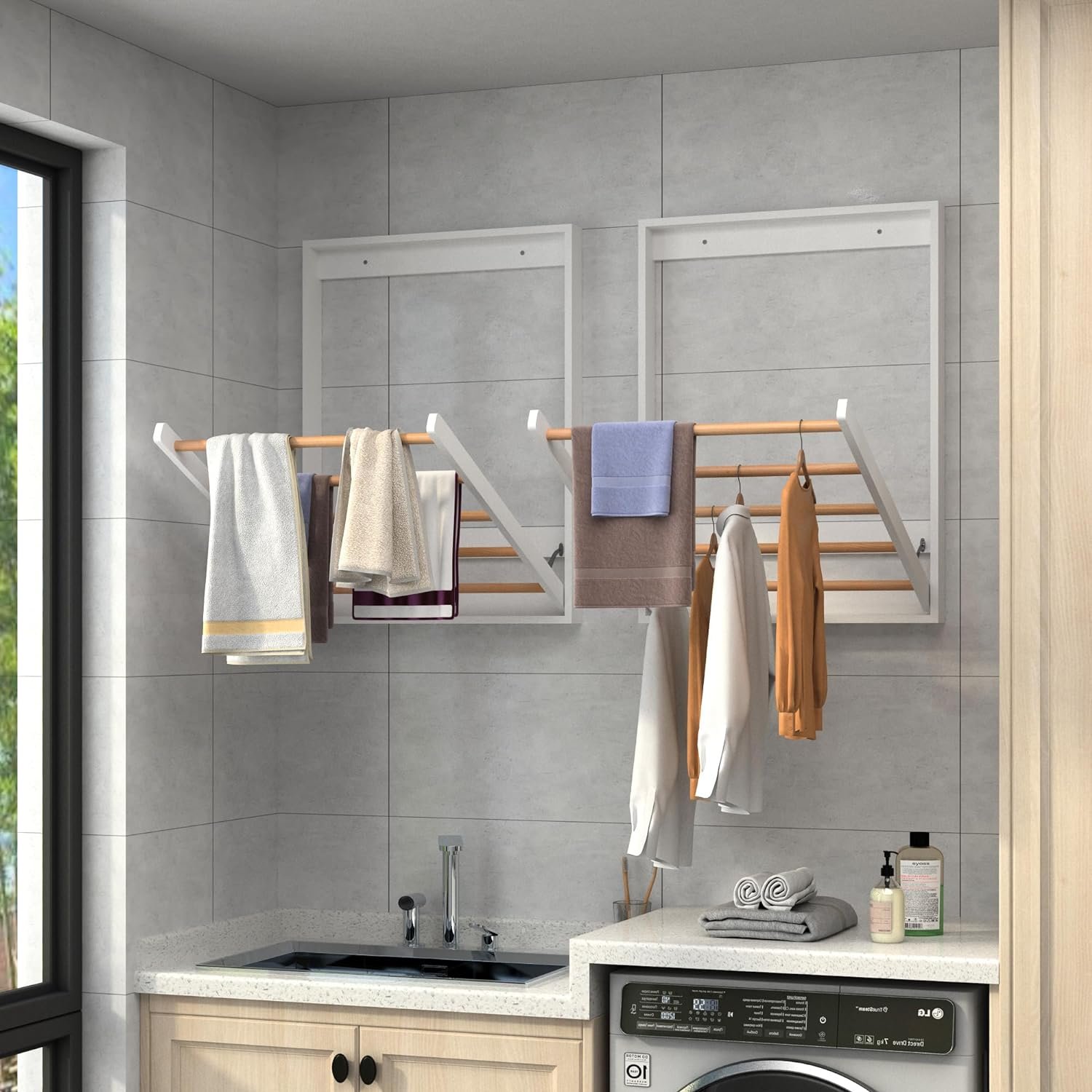 202406 Folding Portable Clothes Dryer Airer Foldable Wooden Clothing Dryer Racks Wall Mounted Clothes Drying Rack For Laundry