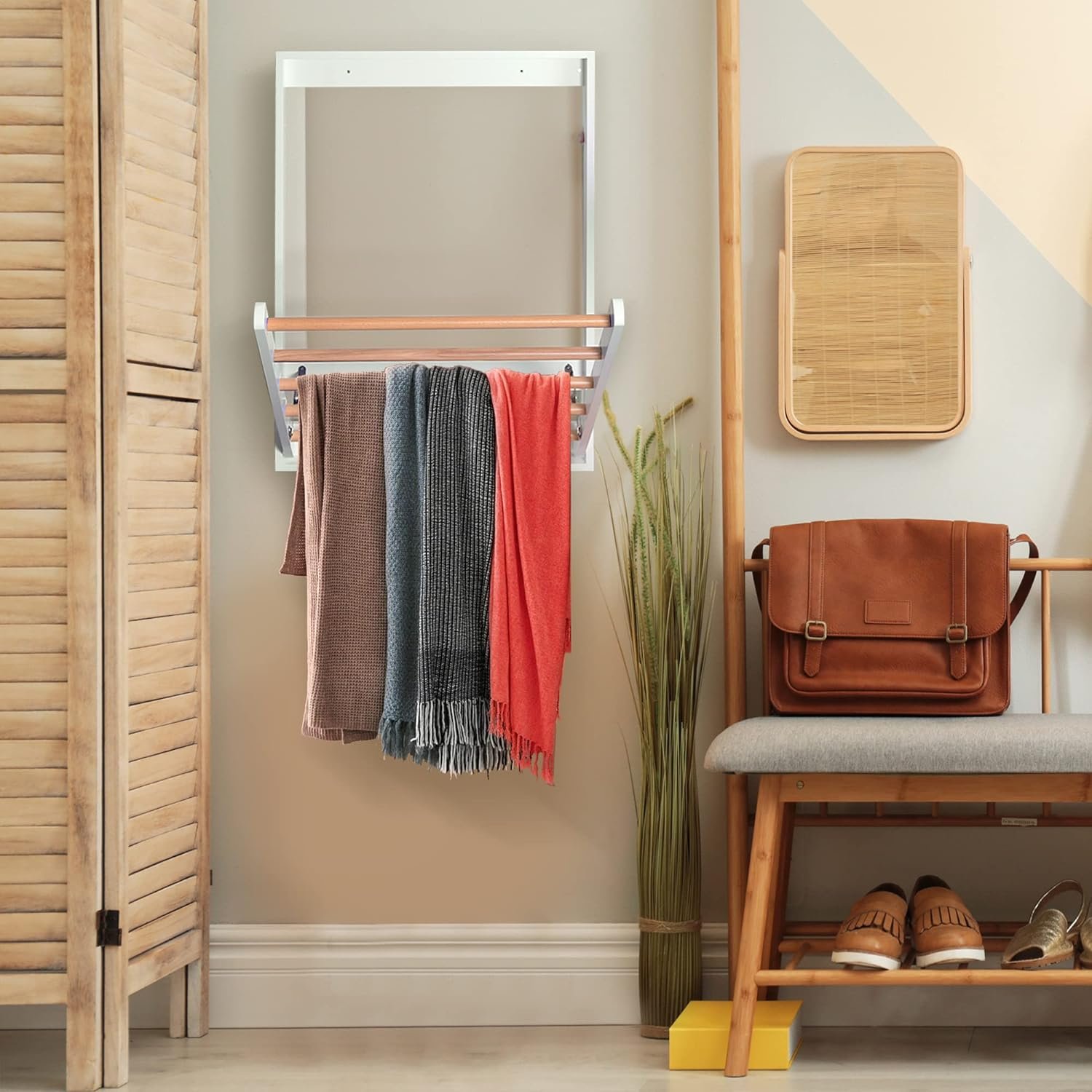 202406 Folding Portable Clothes Dryer Airer Foldable Wooden Clothing Dryer Racks Wall Mounted Clothes Drying Rack For Laundry
