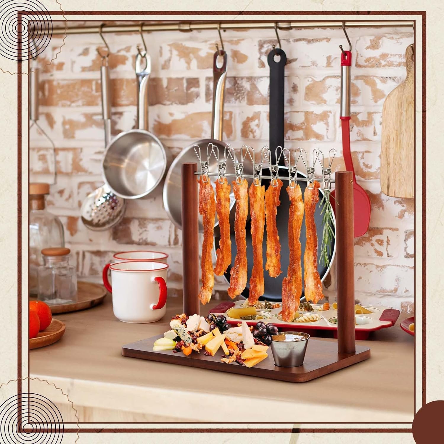 Bamboo wood bacon clothesline charcuterie tray board , bacon display holder rack