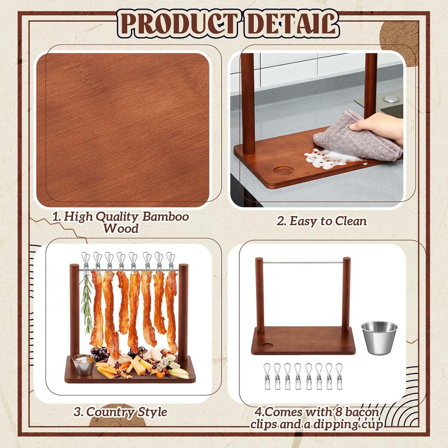 Bamboo wood bacon clothesline charcuterie tray board , bacon display holder rack