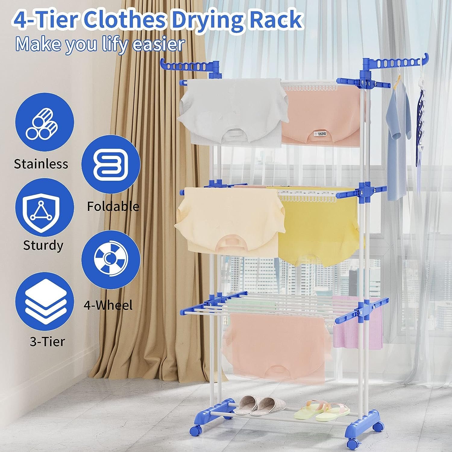 Clothes Drying Rack Folding Clothes Rack Space Saving 4 Tier Drying Rack Laundry Garment Dryer Stand with Two Side Wings