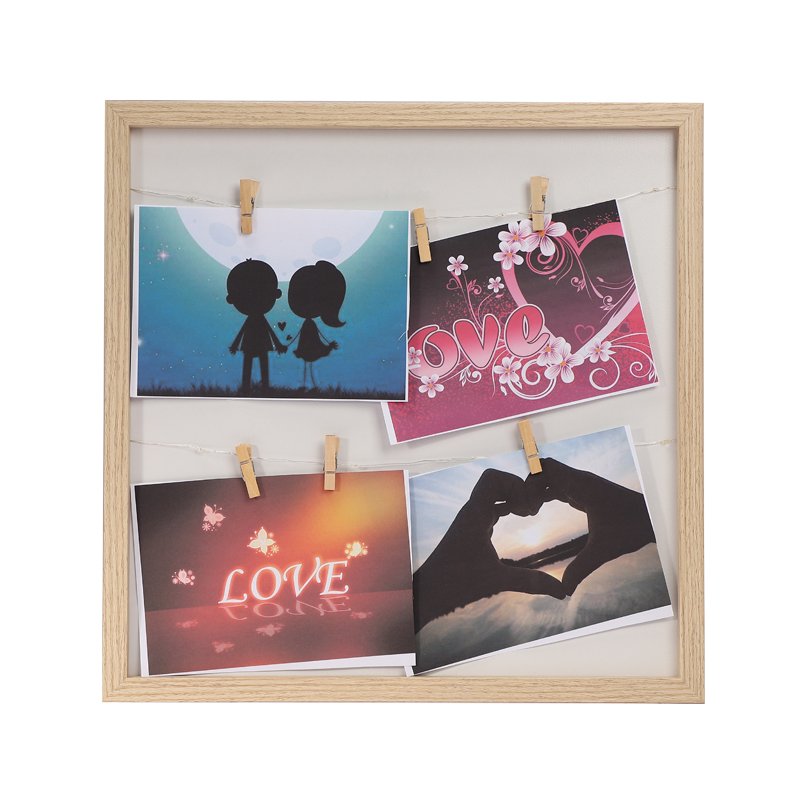 College Picture Frame With Led Light Natural Wood Color Led Wooden Picture Frame Linen Rope Clothesline Flip Photo Frame