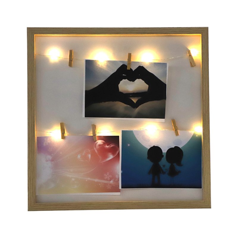 College Picture Frame With Led Light Natural Wood Color Led Wooden Picture Frame Linen Rope Clothesline Flip Photo Frame