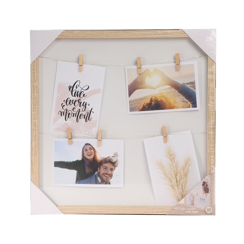 College Picture Frame With Led Light Natural Wood Color Led Wooden Picture Frame Linen Rope Clothesline Flip Photo Frame