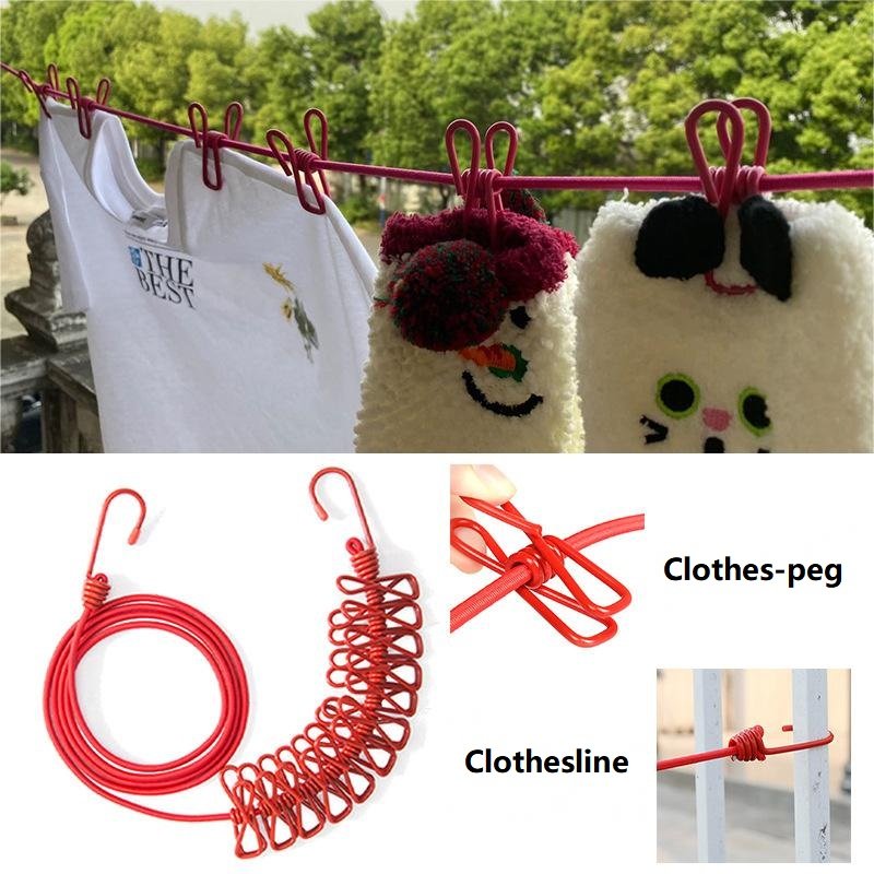 Portable Outdoor Travel Windproof Non-slip Retractable Clothesline with 12 pcs of Clothespin Clothes-peg Laundry Clip