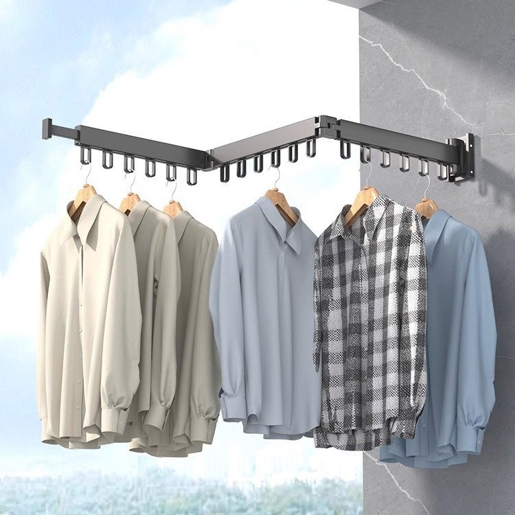 Laundry Clothesline Retractable Cloth Hook Drying Rack Folding Wall Mounted Clothes Hanger Rack Space-saver Retractable Fold