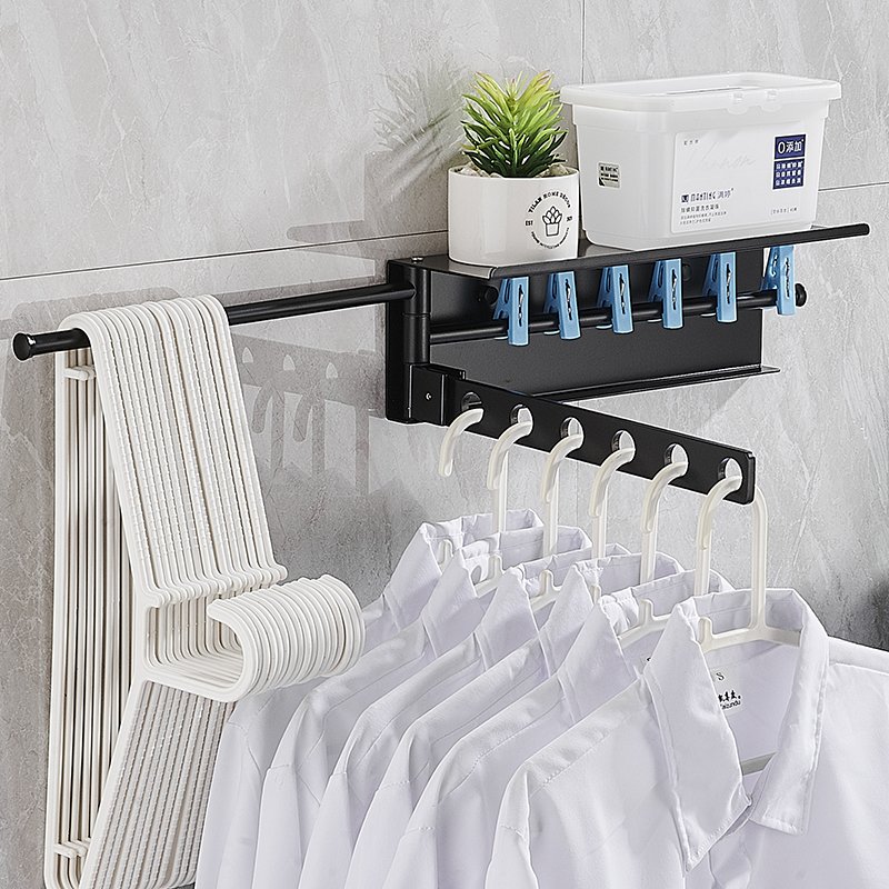 Wall Mounted Clothesline Laundry Folding Clothing Racks For Hanging Clothes With Shelves