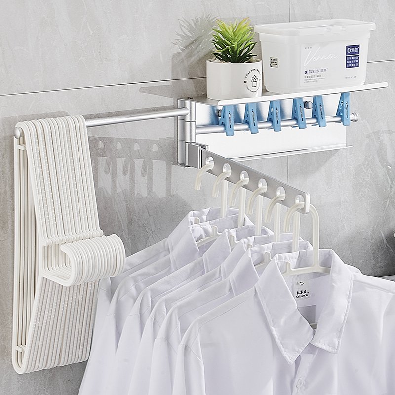 Wall Mounted Clothesline Laundry Folding Clothing Racks For Hanging Clothes With Shelves