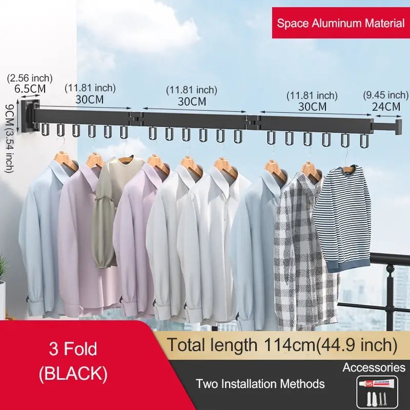 Aluminum alloy foldable and extendable drying rack, clothes rack, clothes rack with hooks, wall mounted foldable drying rack