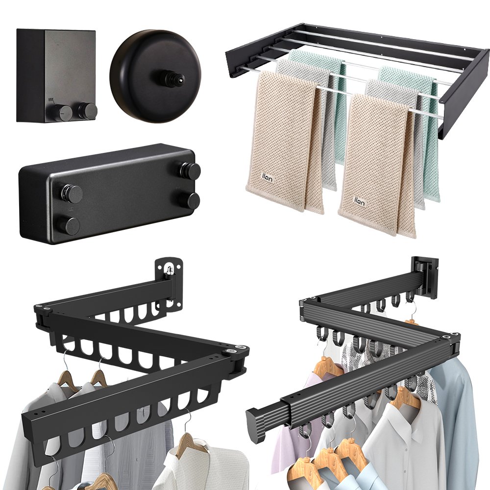 GG28 Aluminum Laundry Clothesline Retractable Cloth Hook Drying Rack Folding Wall Mounted Clothes drying Rack Set