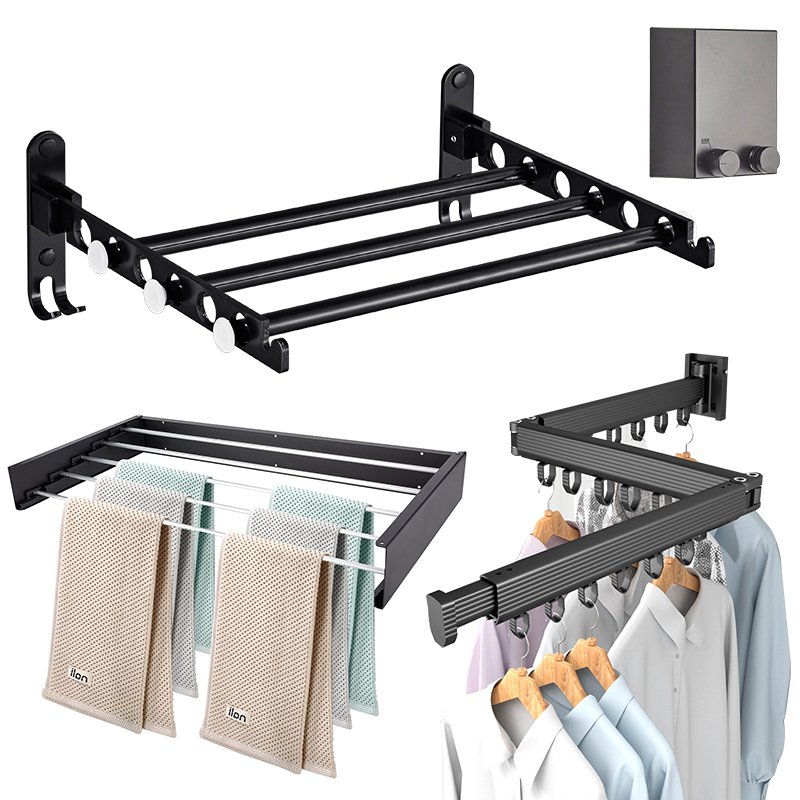 GG28 Aluminum Laundry Clothesline Retractable Cloth Hook Drying Rack Folding Wall Mounted Clothes drying Rack Set