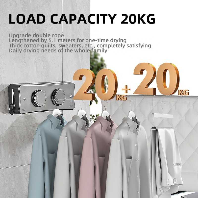 5.1m ABS Laundry Balcony Shrinkable Outdoor Double Single Washing Storage Drying Lines Clothesline Retractable Rope