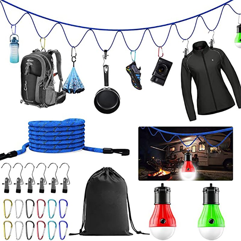 Campsite Storage Strap with 16ft Adjustable Tent Camping Lanyard Rope Clothesline for Hanging Camping Gear Tent Accessories