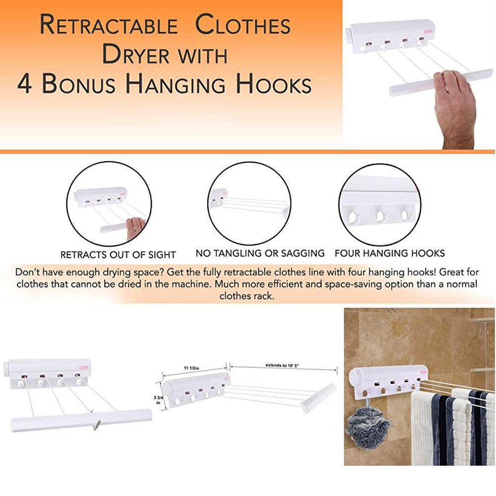 Household Essentials Automatic 4 Line Retractable Clothesline Clothes Dryer with 4 Bonus Hanging Hooks Indoor or Outdoor Use