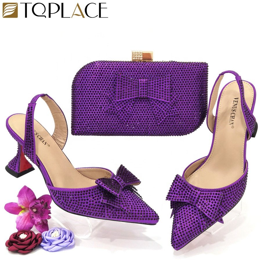 Italian Matching Shoes and Bags Set Latest Purple Color African Shoes with Clutch For Asoebi