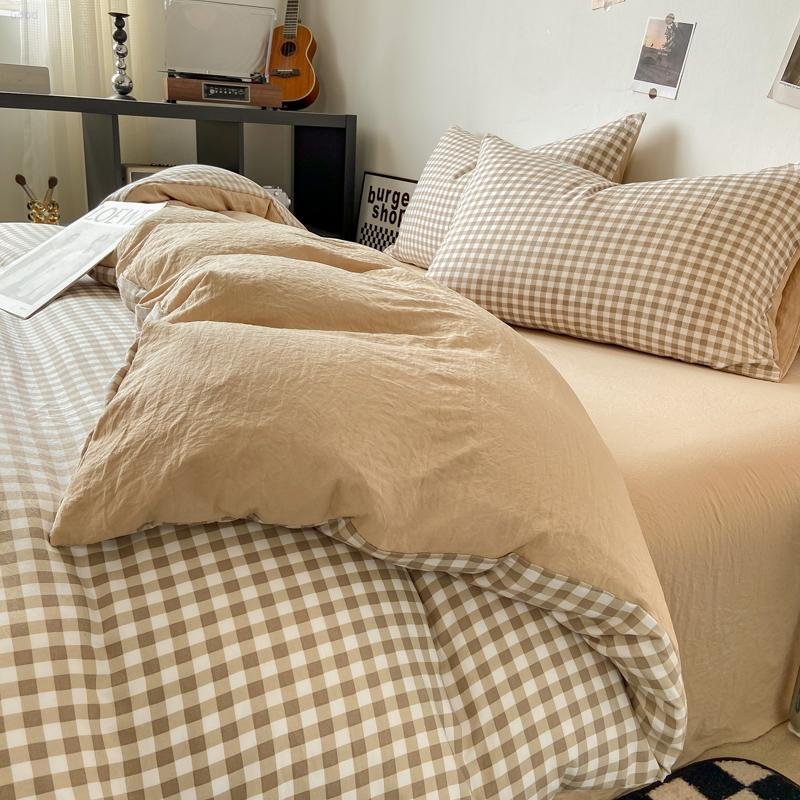 Bedding Set 2024 New Japanese Style Simple Plaid Washed Cotton Four-Piece Pudding Coffee