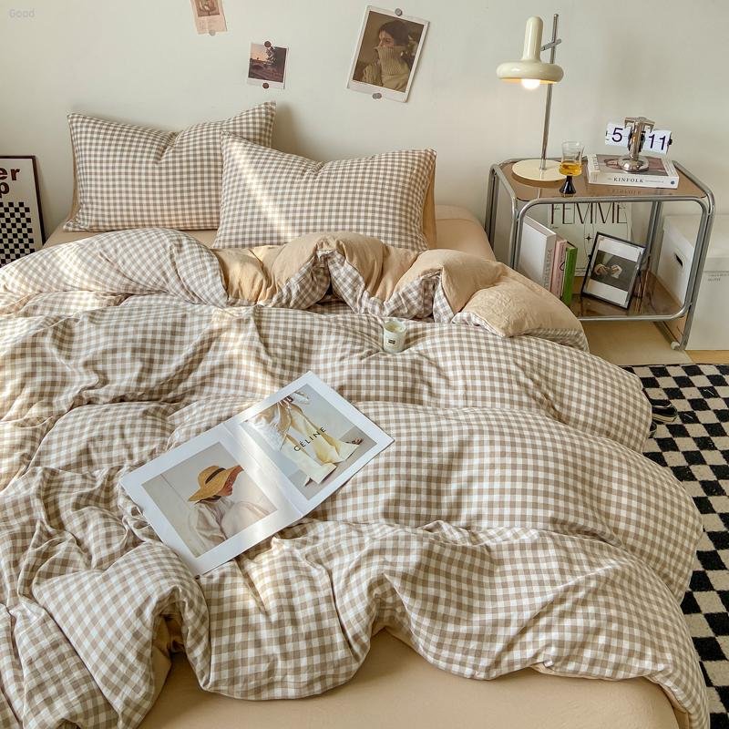 Bedding Set 2024 New Japanese Style Simple Plaid Washed Cotton Four-Piece Pudding Coffee