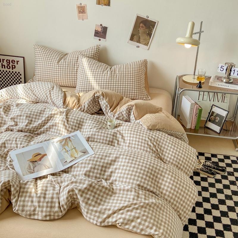 Bedding Set 2024 New Japanese Style Simple Plaid Washed Cotton Four-Piece Pudding Coffee