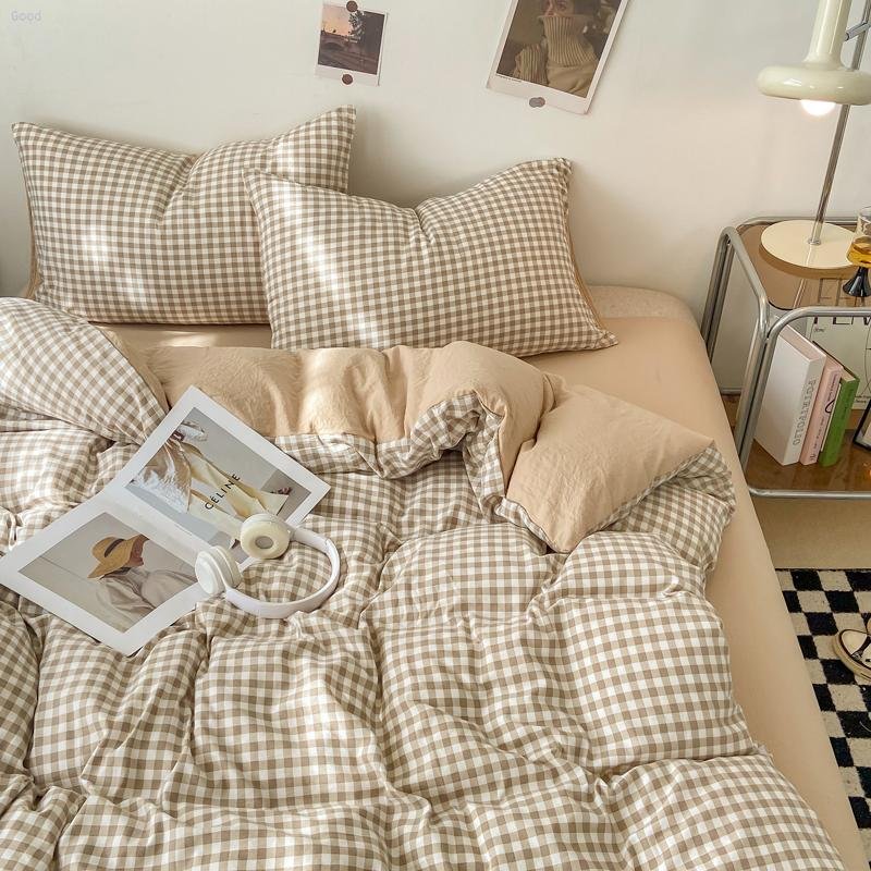 Bedding Set 2024 New Japanese Style Simple Plaid Washed Cotton Four-Piece Pudding Coffee