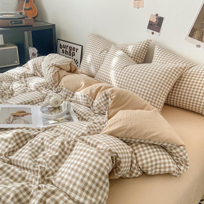 Bedding Set 2024 New Japanese Style Simple Plaid Washed Cotton Four-Piece Pudding Coffee
