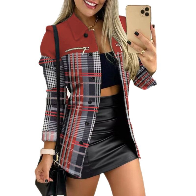 2023 New Long Sleeve Zipper Color Matching Printing Lapel Small Coat ropa para mujer