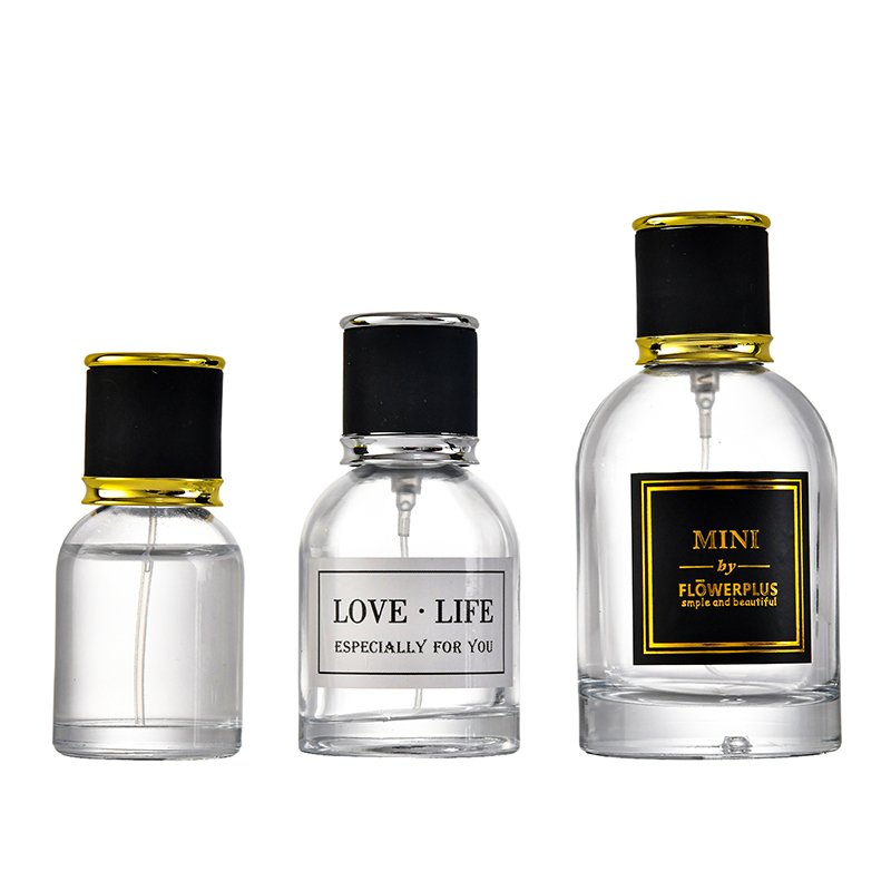 popular 30ml elegant transparent perfume glass bottle with press pump and pump sprayer matched customized lid