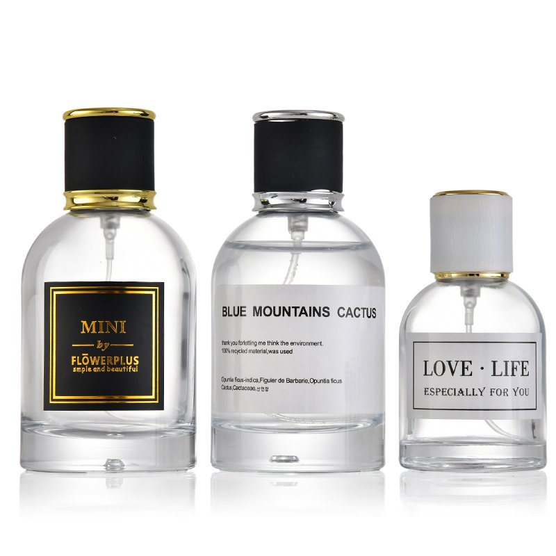 popular 30ml elegant transparent perfume glass bottle with press pump and pump sprayer matched customized lid