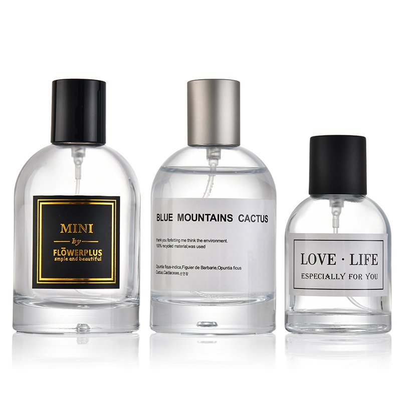 popular 30ml elegant transparent perfume glass bottle with press pump and pump sprayer matched customized lid