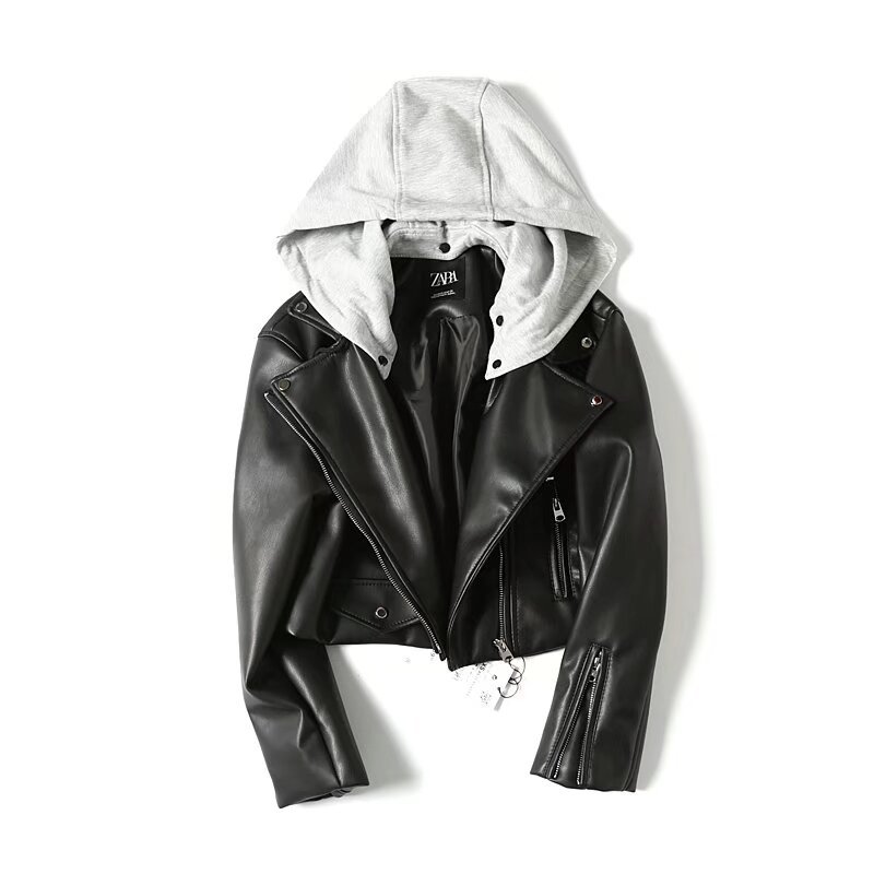2024 Spring Autumn Fashion Women Hooded Color Matching Leather Jacket Detachable Motorcycle Handsome Outwear