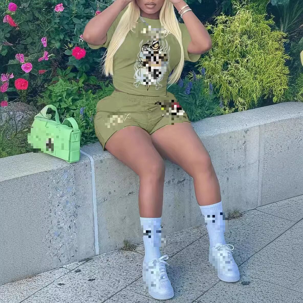 Sharee 2024 Streetwear 2 Piece Set Women Graphic Print Short Sleeve Crop Tops Matching Shorts Female Basic Summer Suits