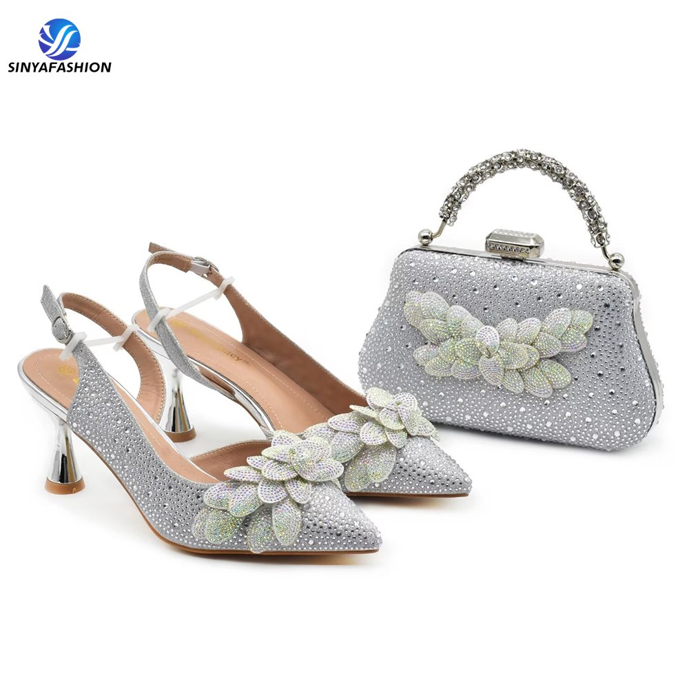 Sinya New Women Shoes And Bag Set High Heel Italian Shoes Matching Bag Set With Stones Wedding Party Shoes Set