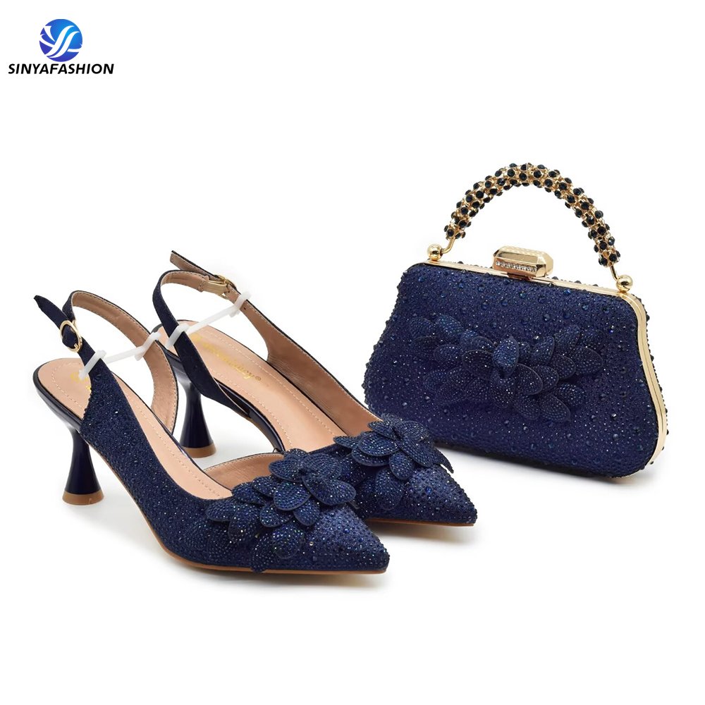 Sinya New Women Shoes And Bag Set High Heel Italian Shoes Matching Bag Set With Stones Wedding Party Shoes Set