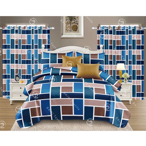 Cheaper high quality curtain set and bedsheets polyester microfiber printed queen size bedding set matching pillowcase for home