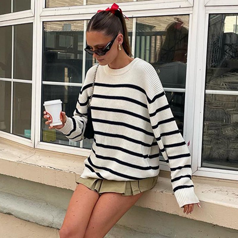 New trending cow striped color matching basic warm knitted sweater women round neck loose long sweater
