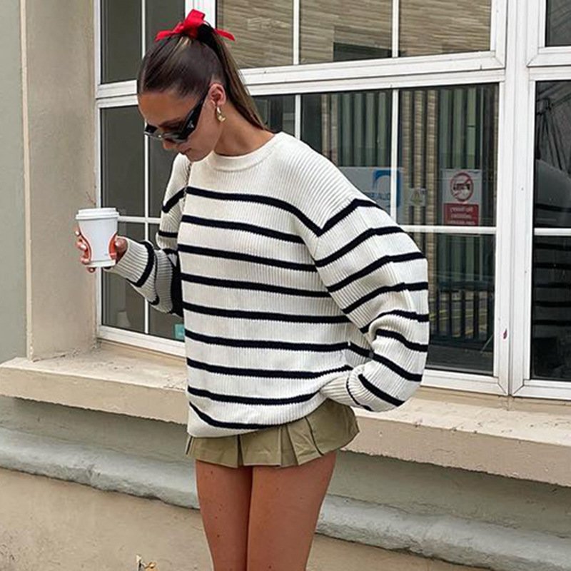 New trending cow striped color matching basic warm knitted sweater women round neck loose long sweater