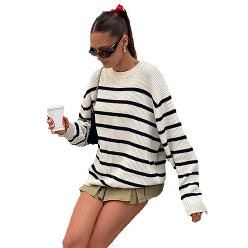 New trending cow striped color matching basic warm knitted sweater women round neck loose long sweater
