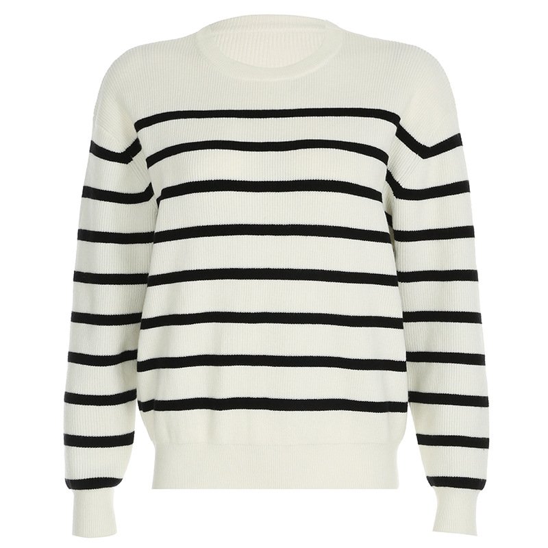 New trending cow striped color matching basic warm knitted sweater women round neck loose long sweater