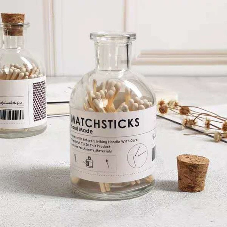 wooden tip packing personalized glass matches in glass jar luxury lower MOQ decorative match bottle with striker