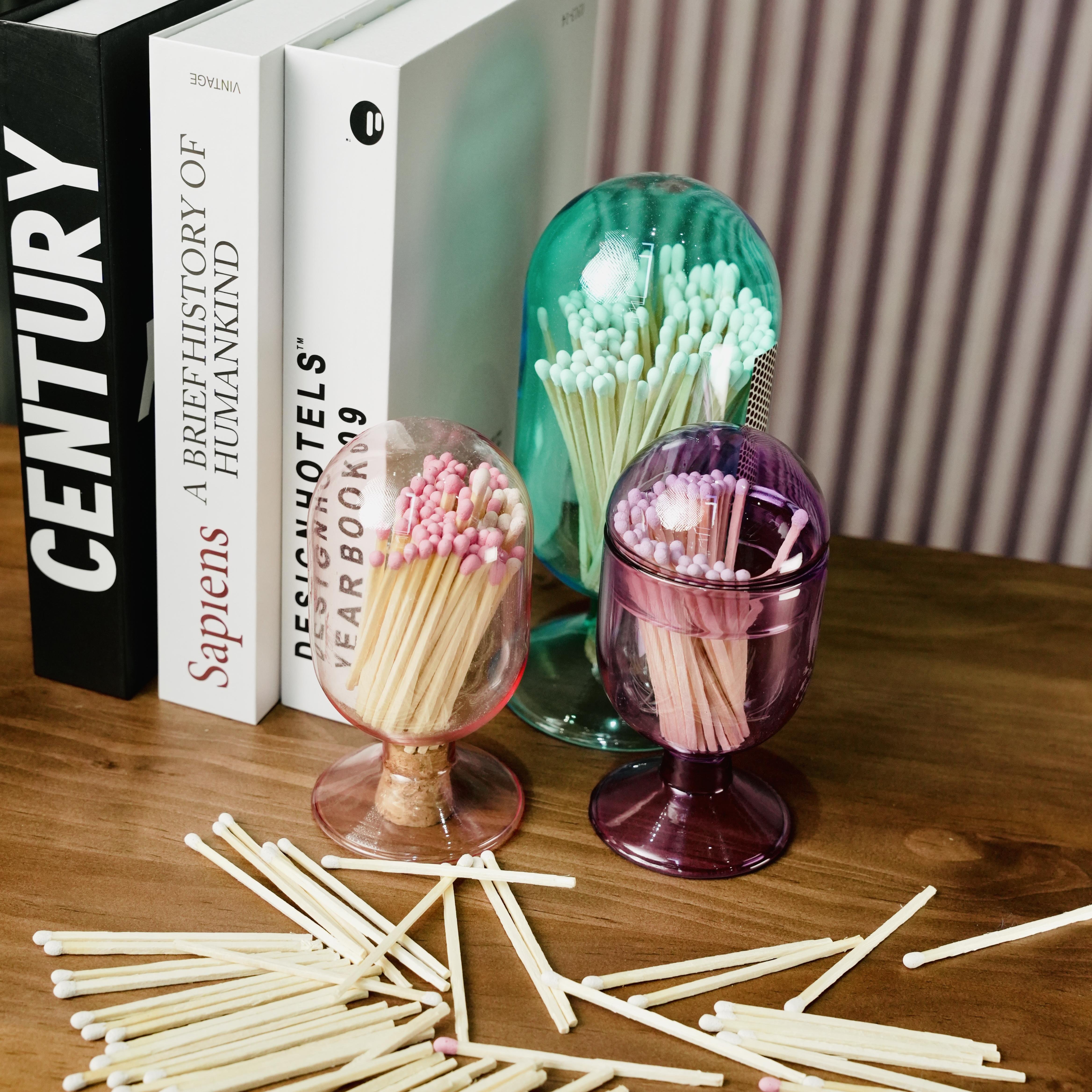 factory Custom Size And Color Transparent Hand Blown Glass Matches Cloche Decorative Match Holder Jar For Candles Set Display