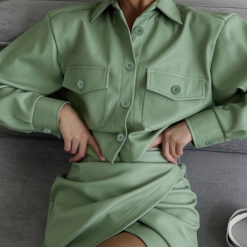 spring new foreign trade wholesale solid color leather slit suit bag skirt two-piece suit women