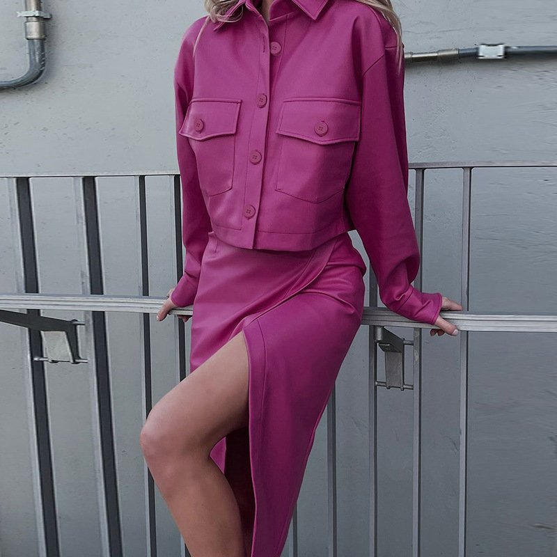 spring new foreign trade wholesale solid color leather slit suit bag skirt two-piece suit women